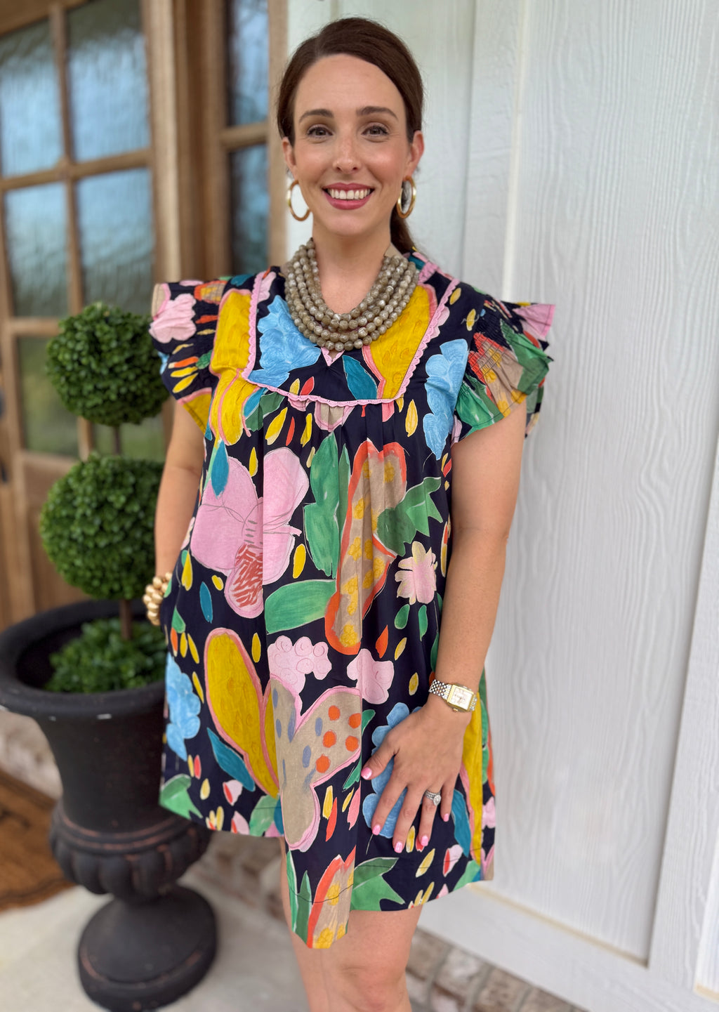 Abstract Floral Ruffle Sleeve Dress