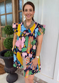 Abstract Floral Ruffle Sleeve Dress