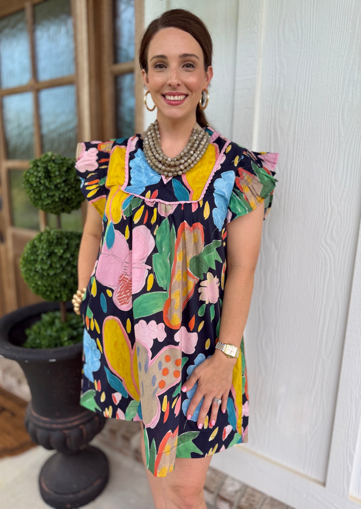 Abstract Floral Ruffle Sleeve Dress