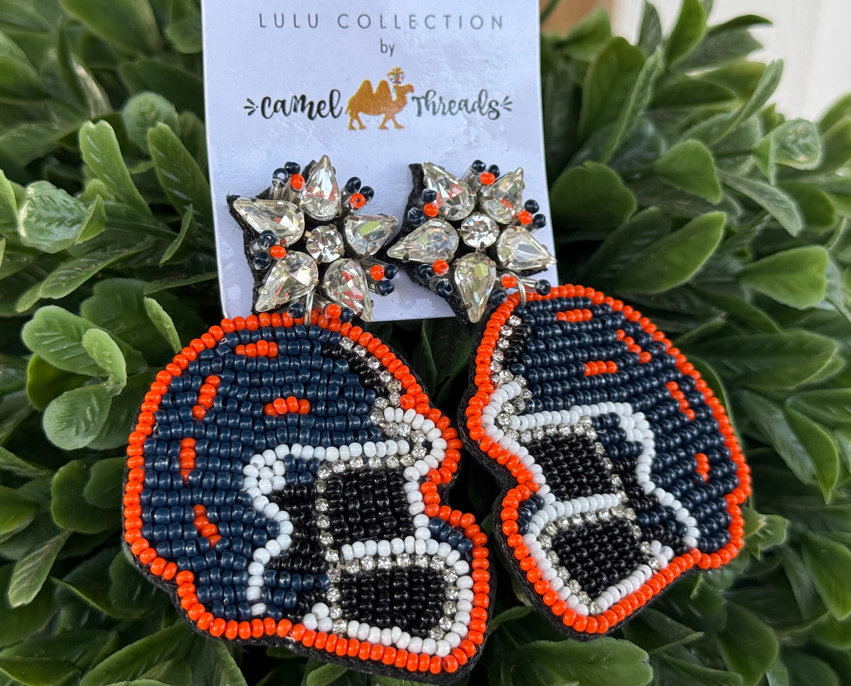Navy & Orange Beaded Football Helmet Earrings
