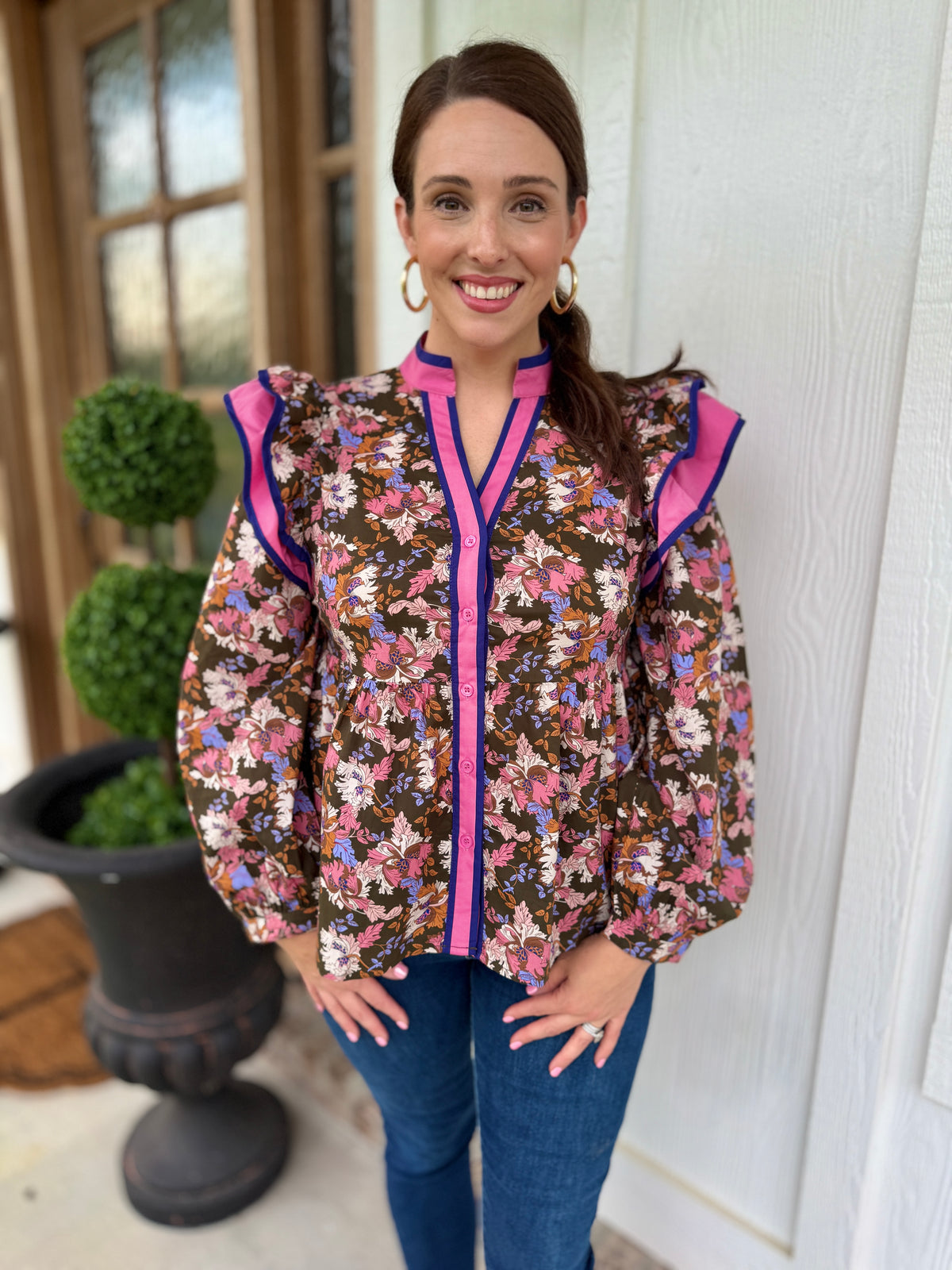 Ruffled Shoulder Floral Blouse