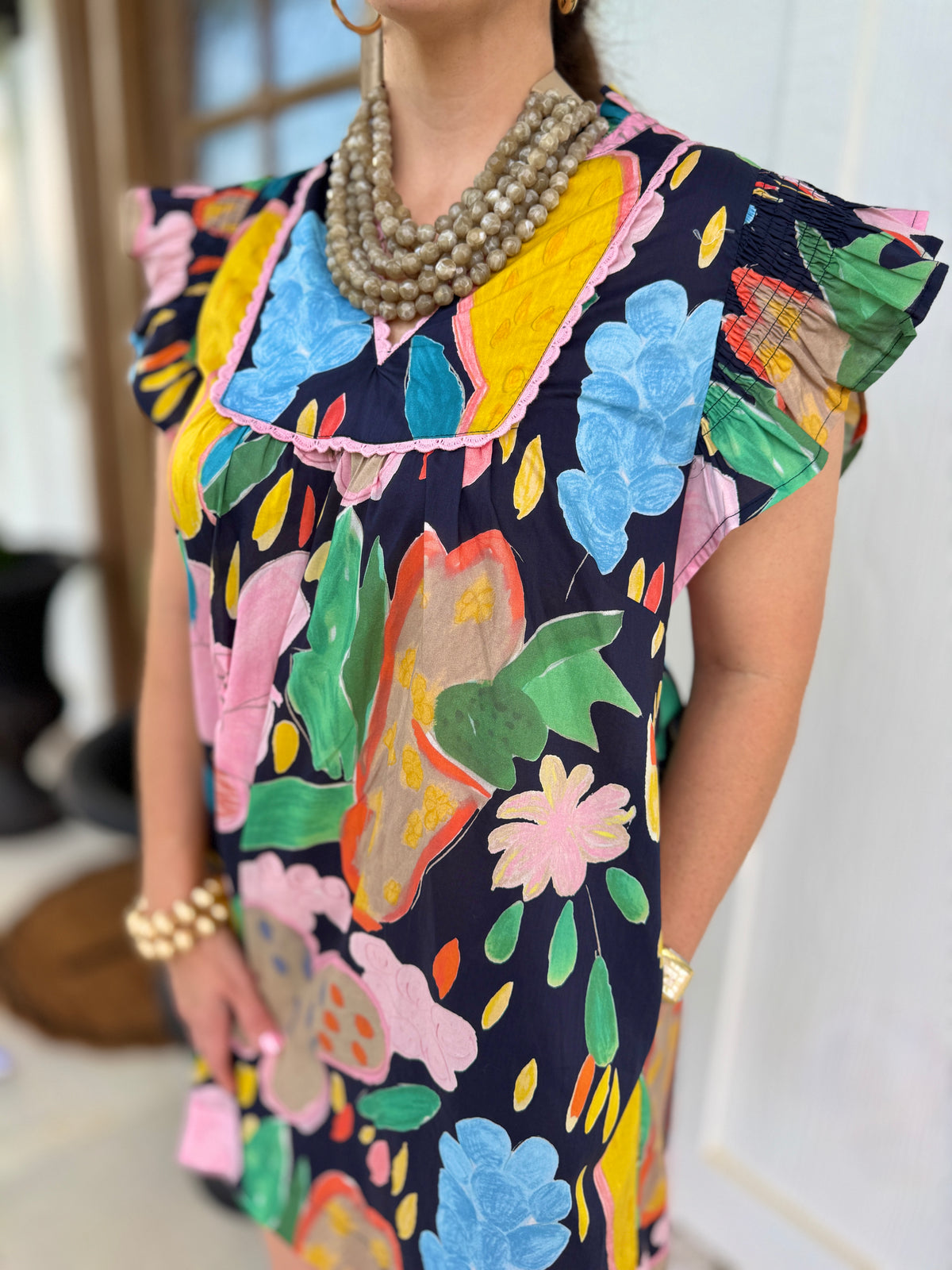 Abstract Floral Ruffle Sleeve Dress