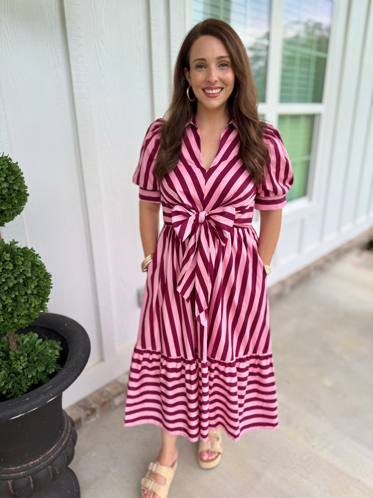 Collared Puff Sleeve Bow Dress