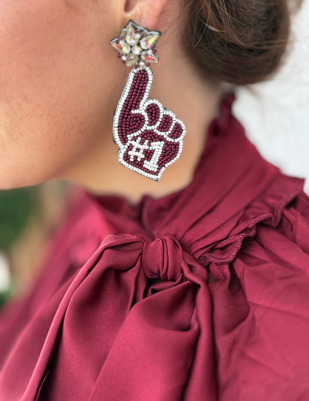 Maroon Beaded Spirit Finger Gameday Earrings