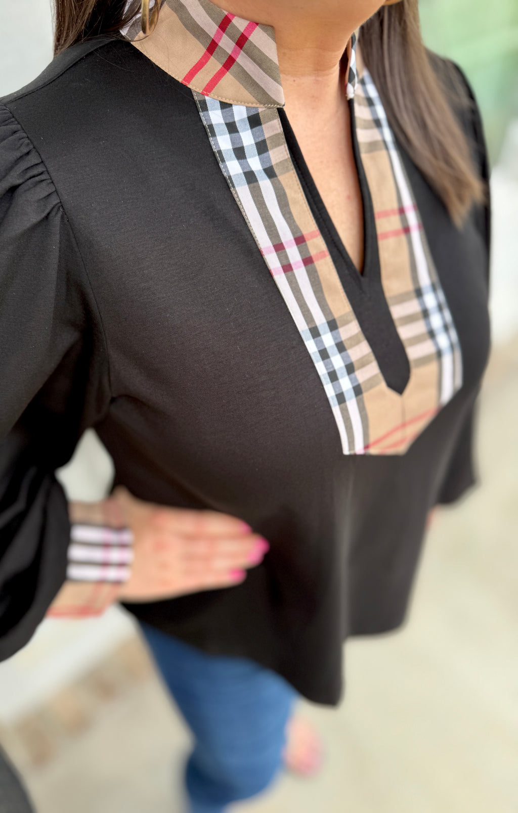 Black Plaid Neck Top