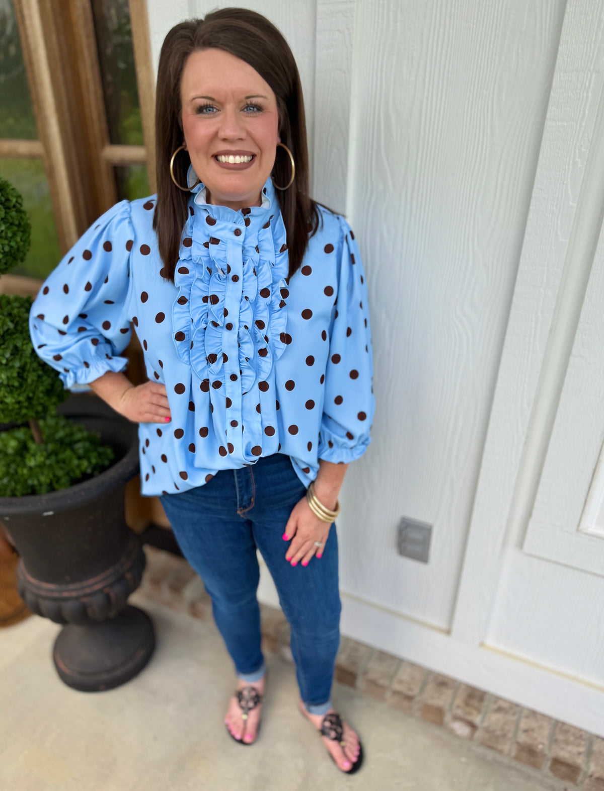 Polka Dot Ruffle Mock Neck Top