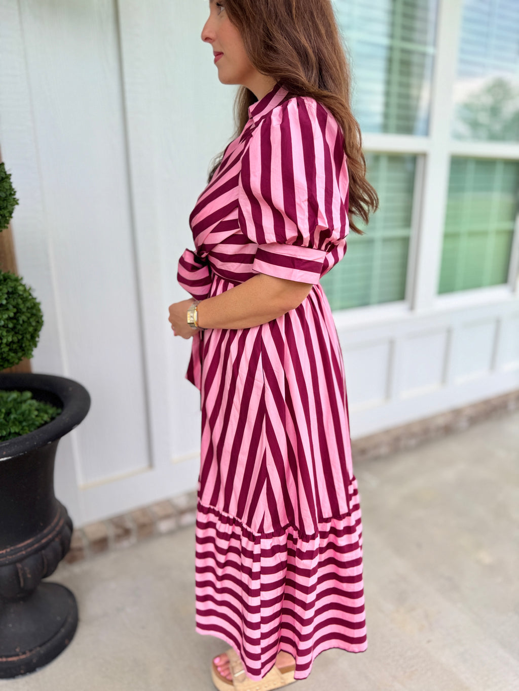 Collared Puff Sleeve Bow Dress