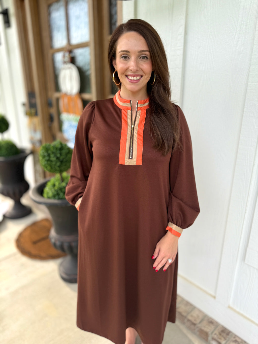 Brown Zip Midi Dress