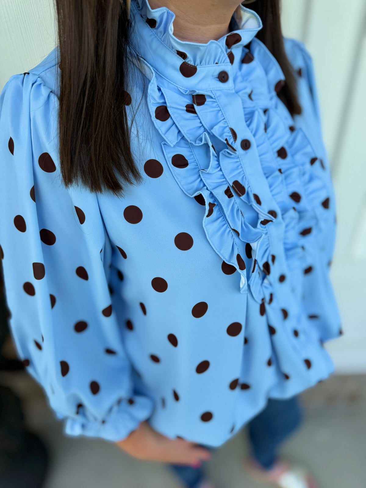 Polka Dot Ruffle Mock Neck Top