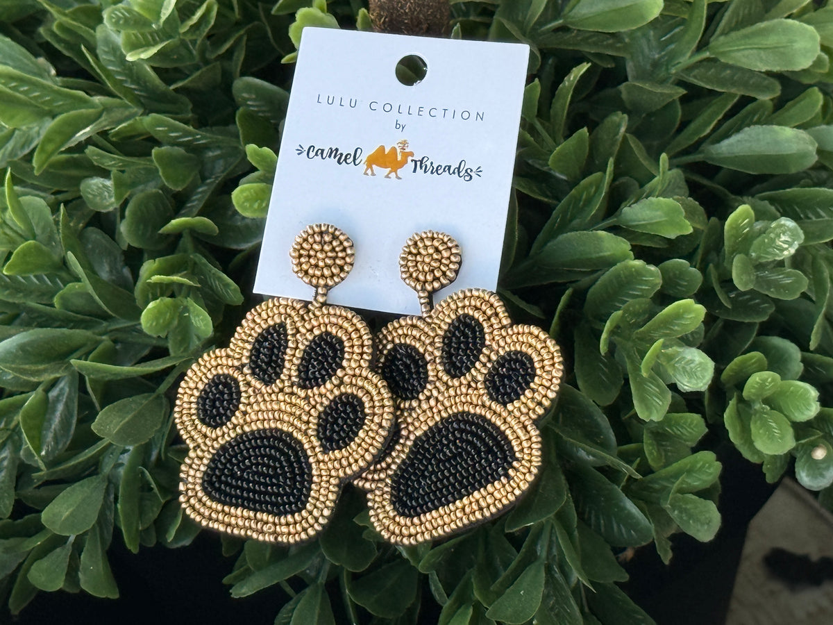 Black and Gold Beaded Pawprint Earrings