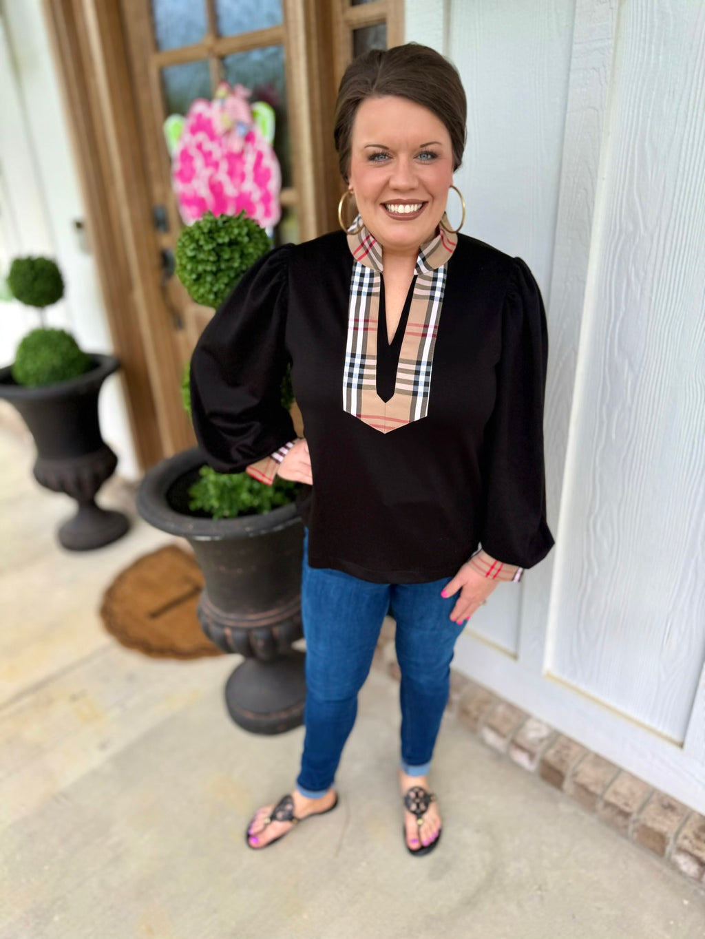 Black Plaid Neck Top