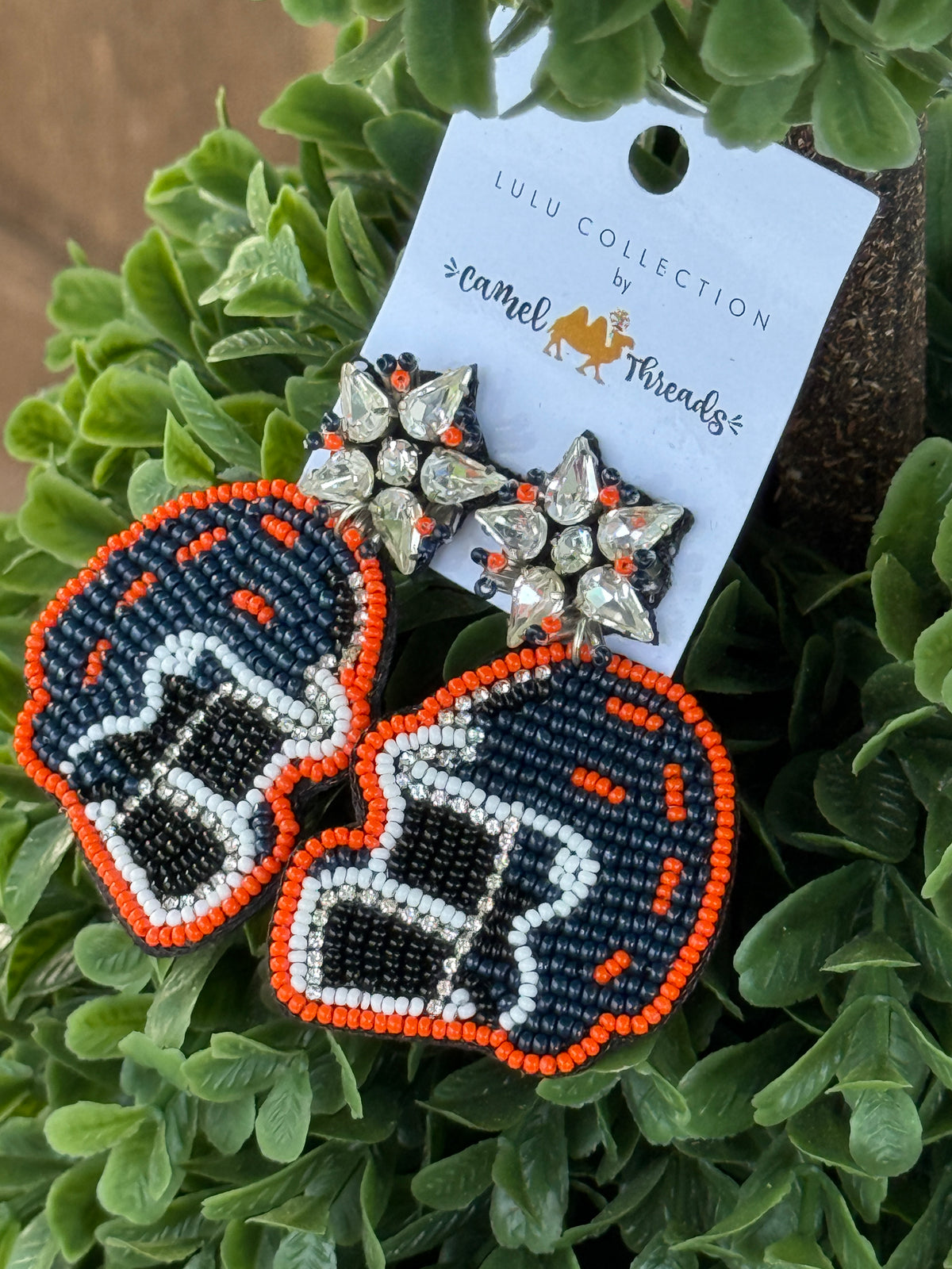 Navy & Orange Beaded Football Helmet Earrings