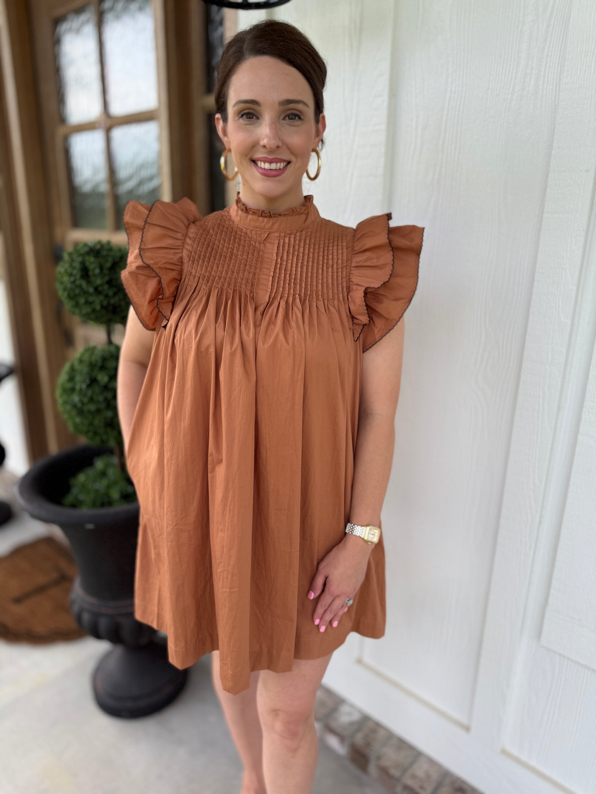 Mocha High Neck Babydoll Mini Dress